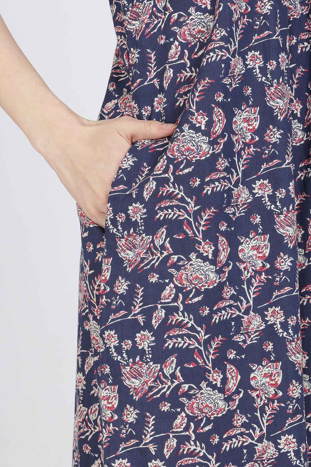 Naidu Hall Women’s Full-Length Cotton Blend Nighty | V-Neck Mandarin Collar, Puff Sleeves, Floral Print
 - NB12