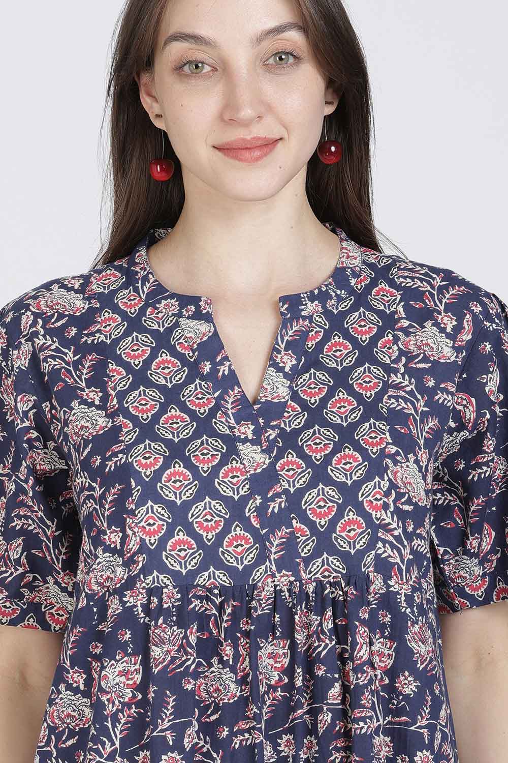 Naidu Hall Women’s Full-Length Cotton Blend Nighty | V-Neck Mandarin Collar, Puff Sleeves, Floral Print
 - NB12