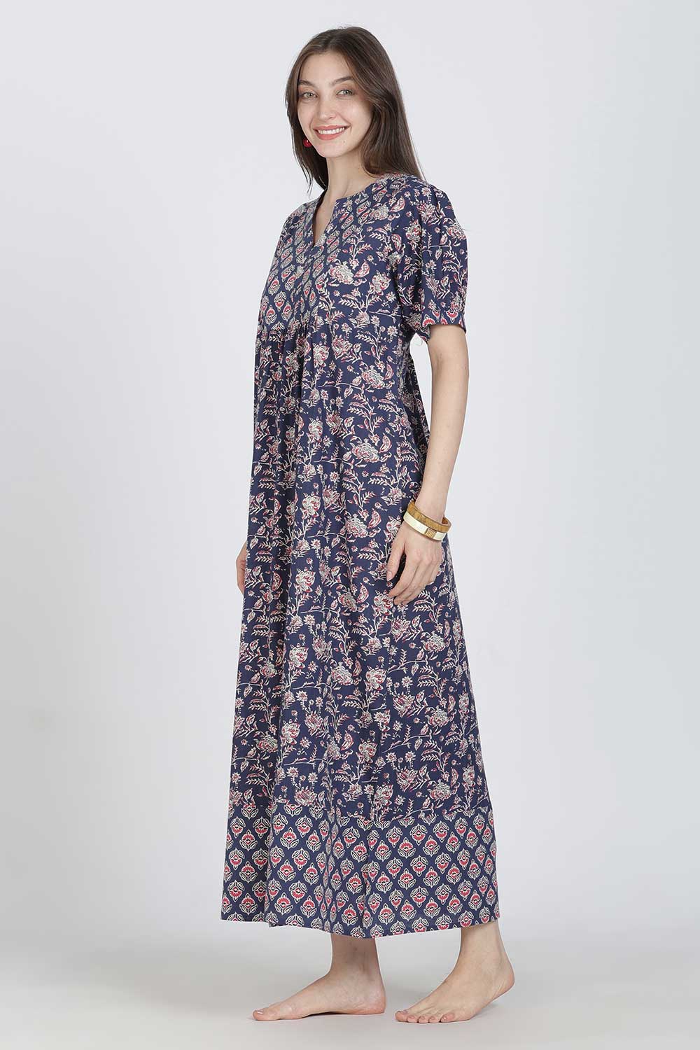 Naidu Hall Women’s Full-Length Cotton Blend Nighty | V-Neck Mandarin Collar, Puff Sleeves, Floral Print
 - NB12
