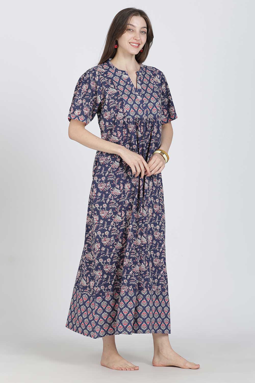 Naidu Hall Women’s Full-Length Cotton Blend Nighty | V-Neck Mandarin Collar, Puff Sleeves, Floral Print
 - NB12