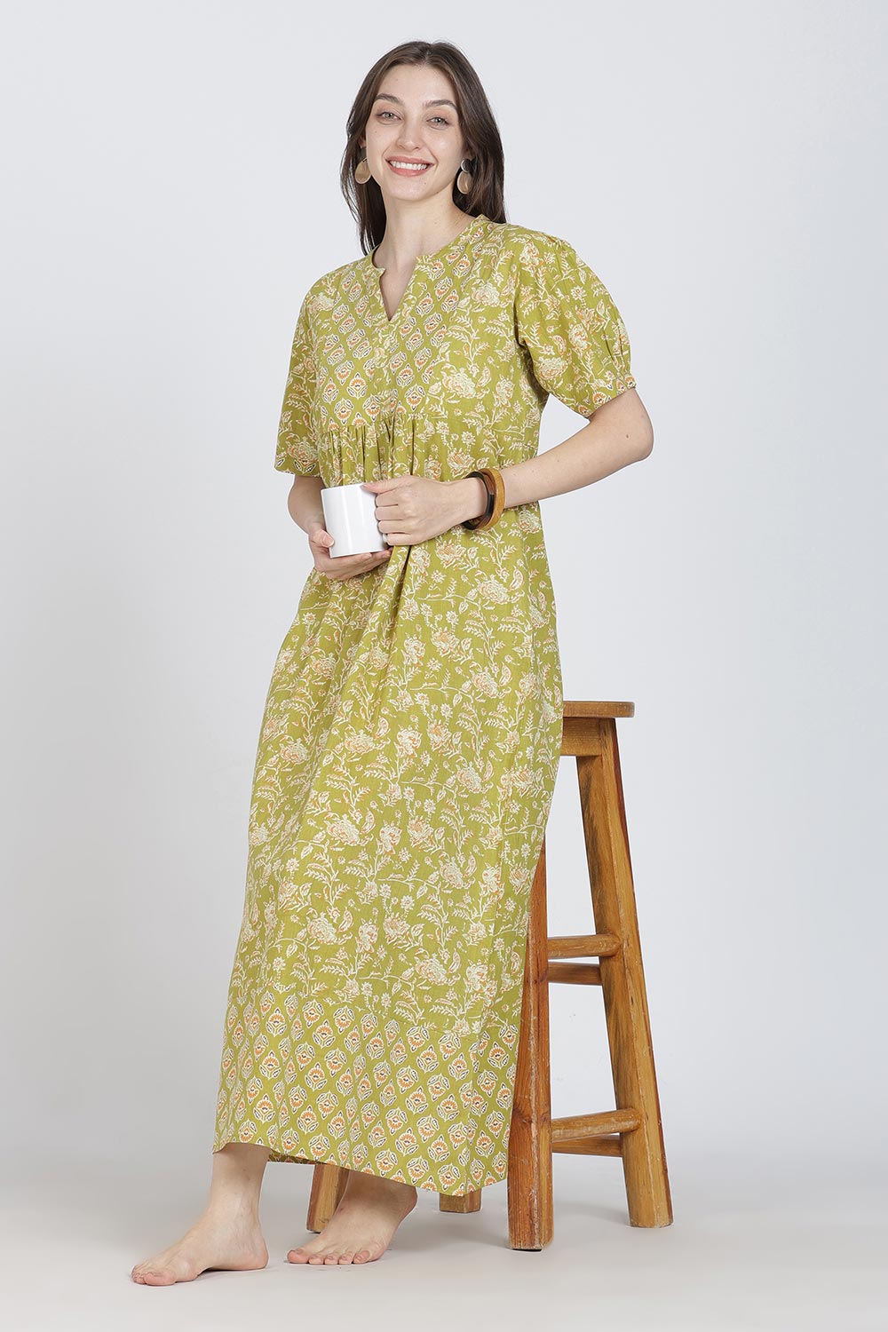 Naidu Hall Women’s Full-Length Cotton Blend Nighty | V-Neck Mandarin Collar, Puff Sleeves, Floral Print
 - NB12