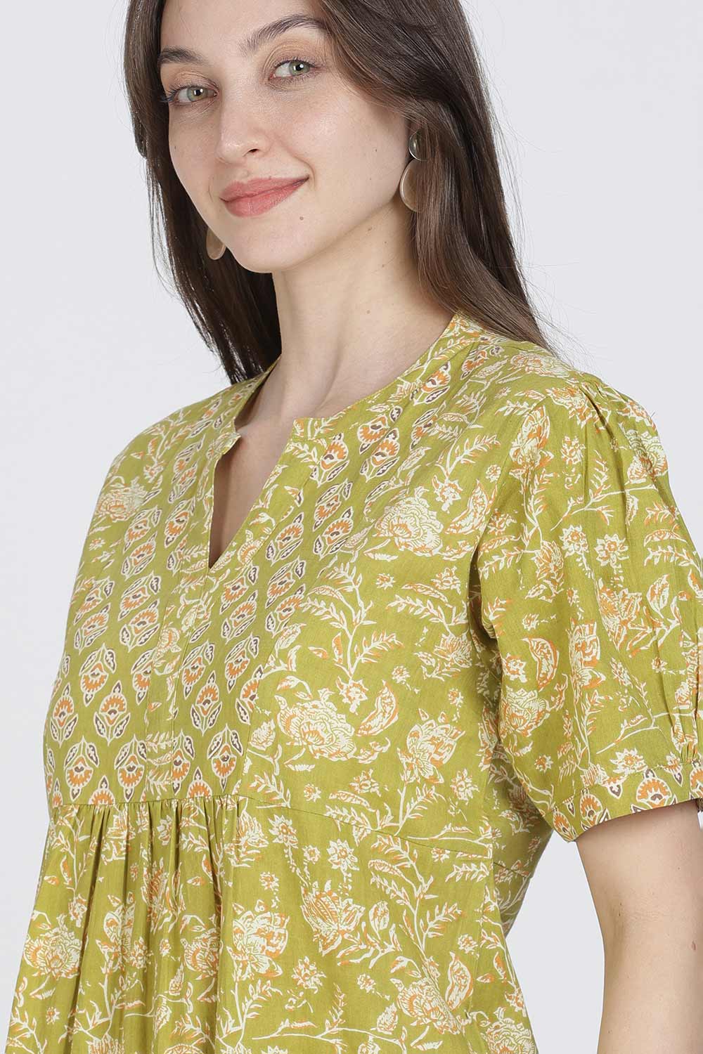 Naidu Hall Women’s Full-Length Cotton Blend Nighty | V-Neck Mandarin Collar, Puff Sleeves, Floral Print
 - NB12