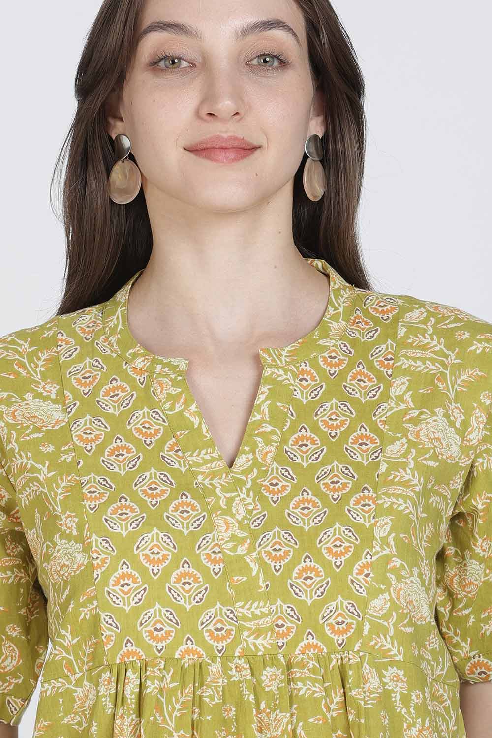 Naidu Hall Women’s Full-Length Cotton Blend Nighty | V-Neck Mandarin Collar, Puff Sleeves, Floral Print
 - NB12