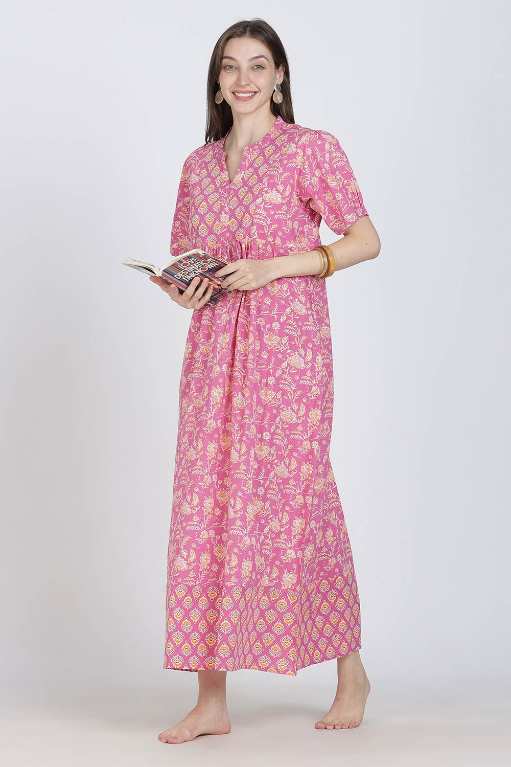 Naidu Hall Women’s Full-Length Cotton Blend Nighty | V-Neck Mandarin Collar, Puff Sleeves, Floral Print
 - NB12