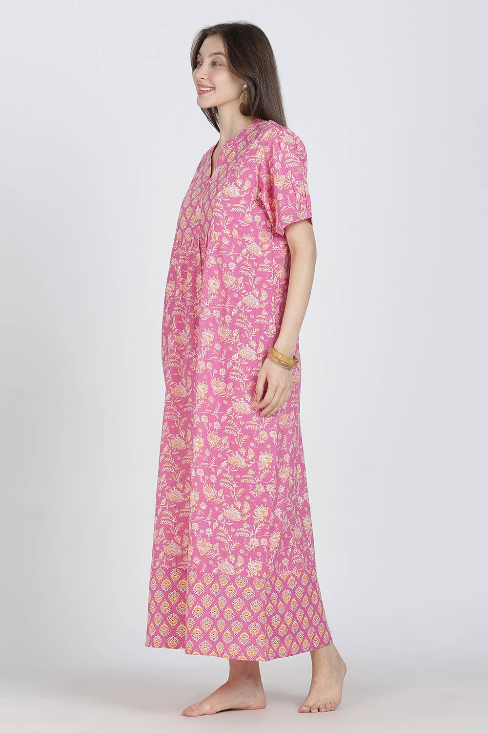 Naidu Hall Women’s Full-Length Cotton Blend Nighty | V-Neck Mandarin Collar, Puff Sleeves, Floral Print
 - NB12