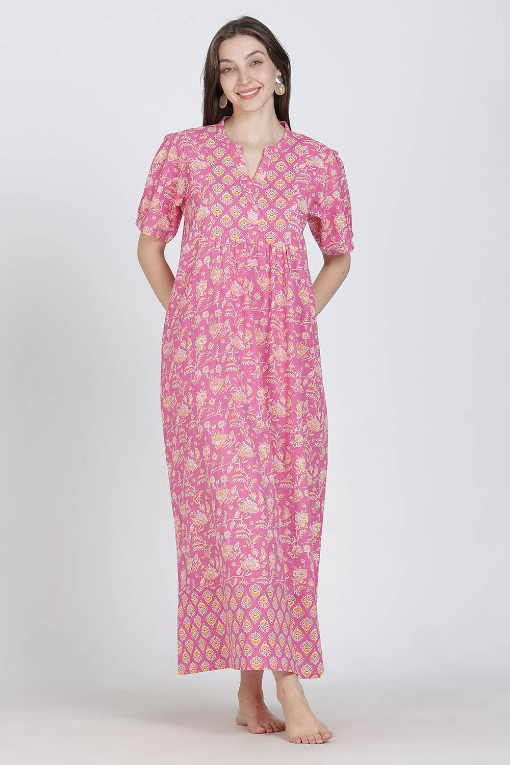 Naidu Hall Women’s Full-Length Cotton Blend Nighty | V-Neck Mandarin Collar, Puff Sleeves, Floral Print
 - NB12