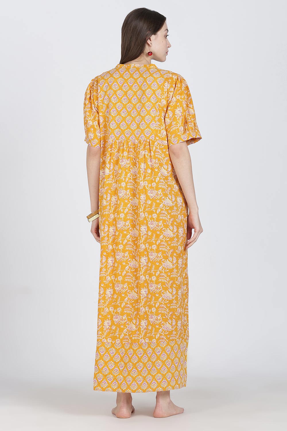 Naidu Hall Women’s Full-Length Cotton Blend Nighty | V-Neck Mandarin Collar, Puff Sleeves, Floral Print
 - NB12