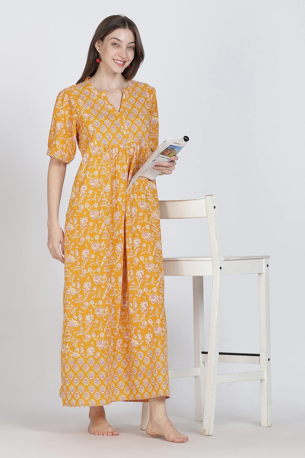 Naidu Hall Women’s Full-Length Cotton Blend Nighty | V-Neck Mandarin Collar, Puff Sleeves, Floral Print
 - NB12