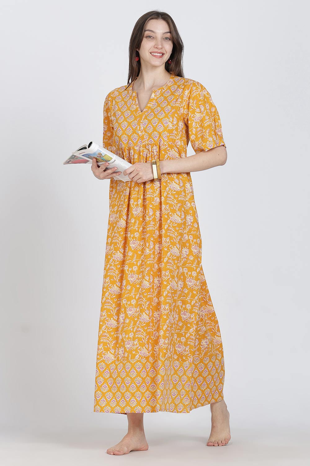 Naidu Hall Women’s Full-Length Cotton Blend Nighty | V-Neck Mandarin Collar, Puff Sleeves, Floral Print
 - NB12