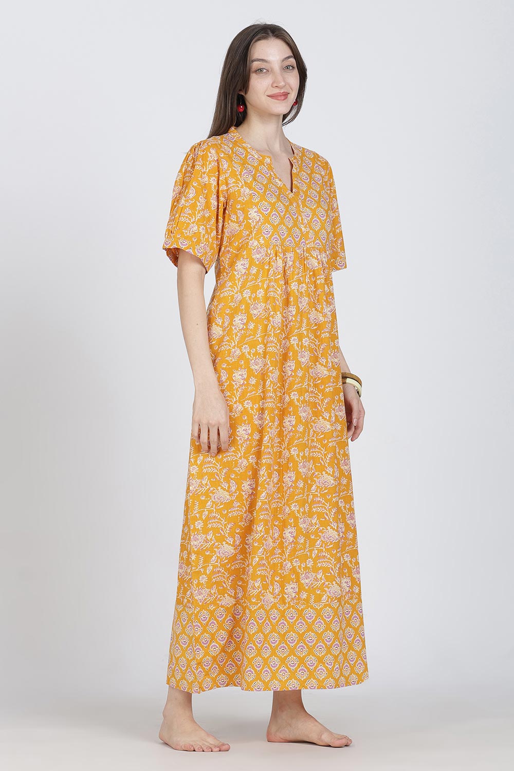 Naidu Hall Women’s Full-Length Cotton Blend Nighty | V-Neck Mandarin Collar, Puff Sleeves, Floral Print
 - NB12