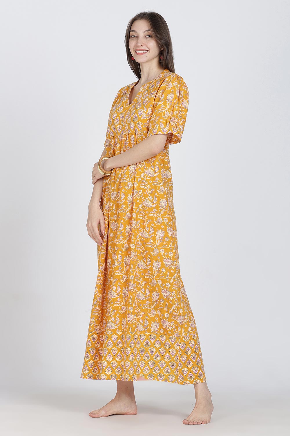 Naidu Hall Women’s Full-Length Cotton Blend Nighty | V-Neck Mandarin Collar, Puff Sleeves, Floral Print
 - NB12