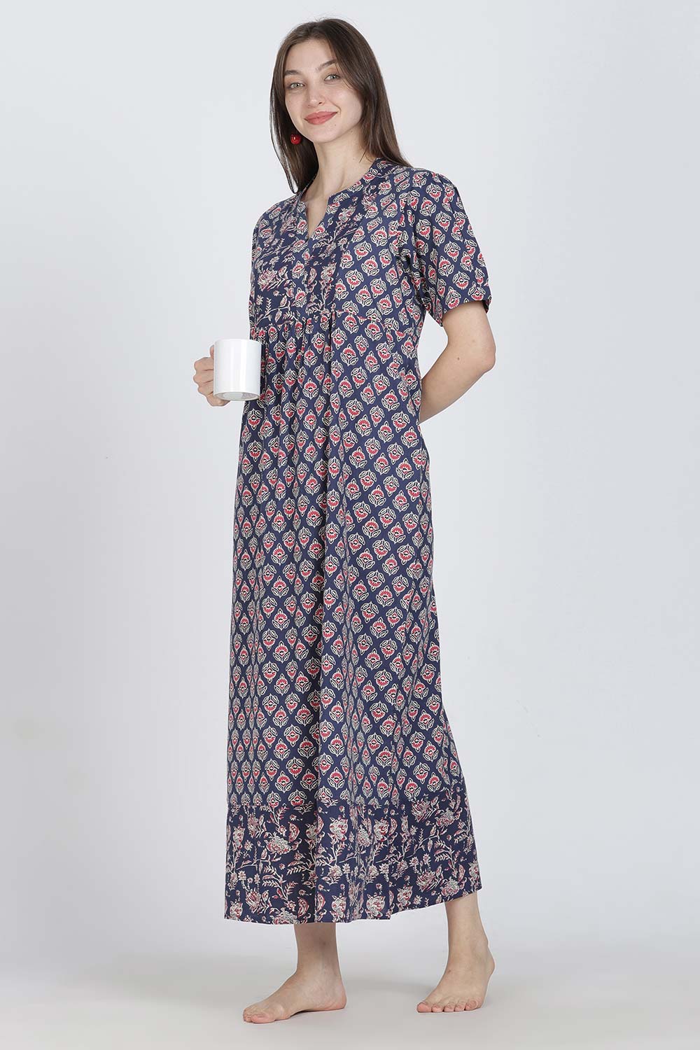 Naidu Hall Women’s Full-Length Cotton Blend Nighty | V-Neck Mandarin Collar, Puff Sleeves, Floral Print
 - NB13