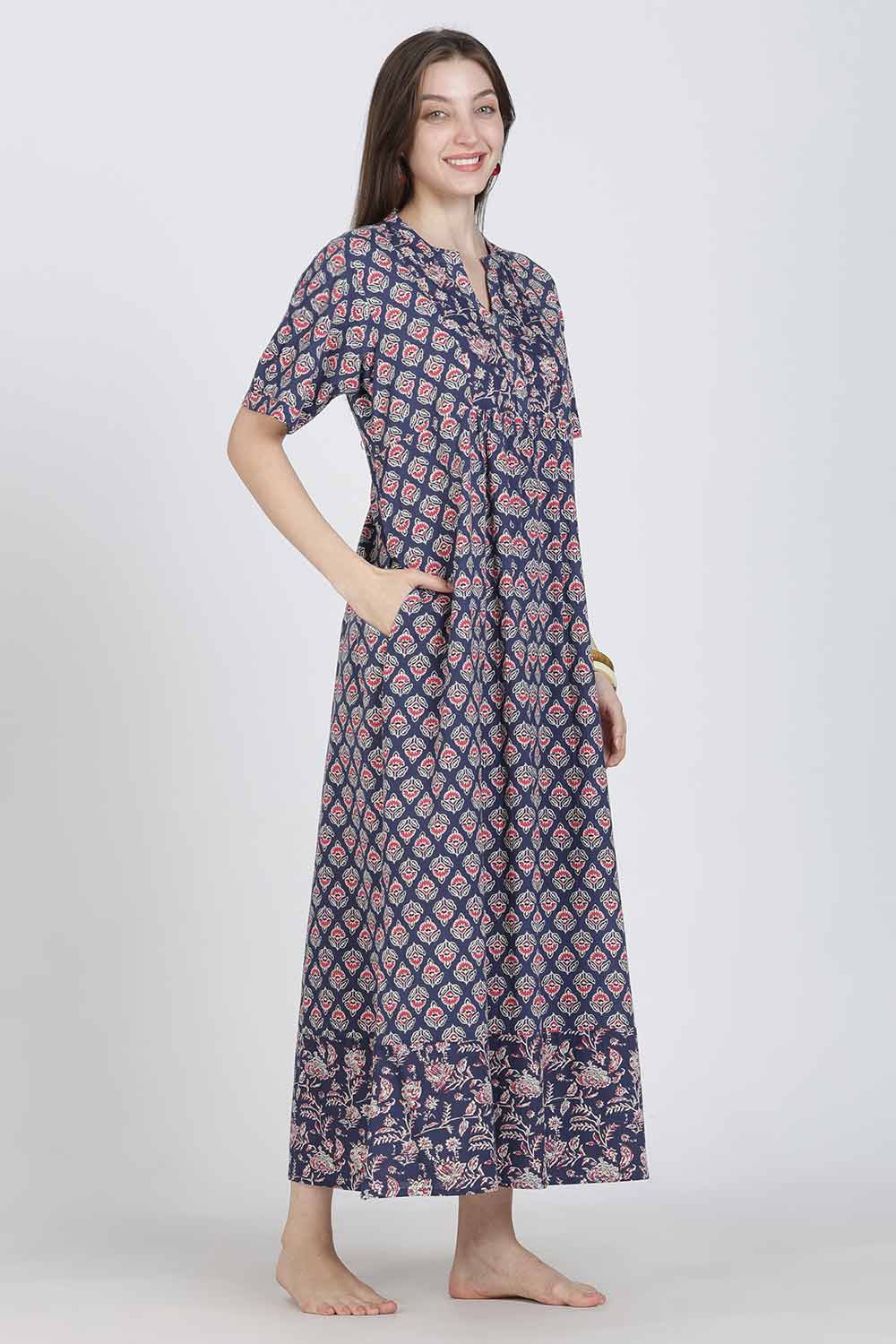 Naidu Hall Women’s Full-Length Cotton Blend Nighty | V-Neck Mandarin Collar, Puff Sleeves, Floral Print
 - NB13