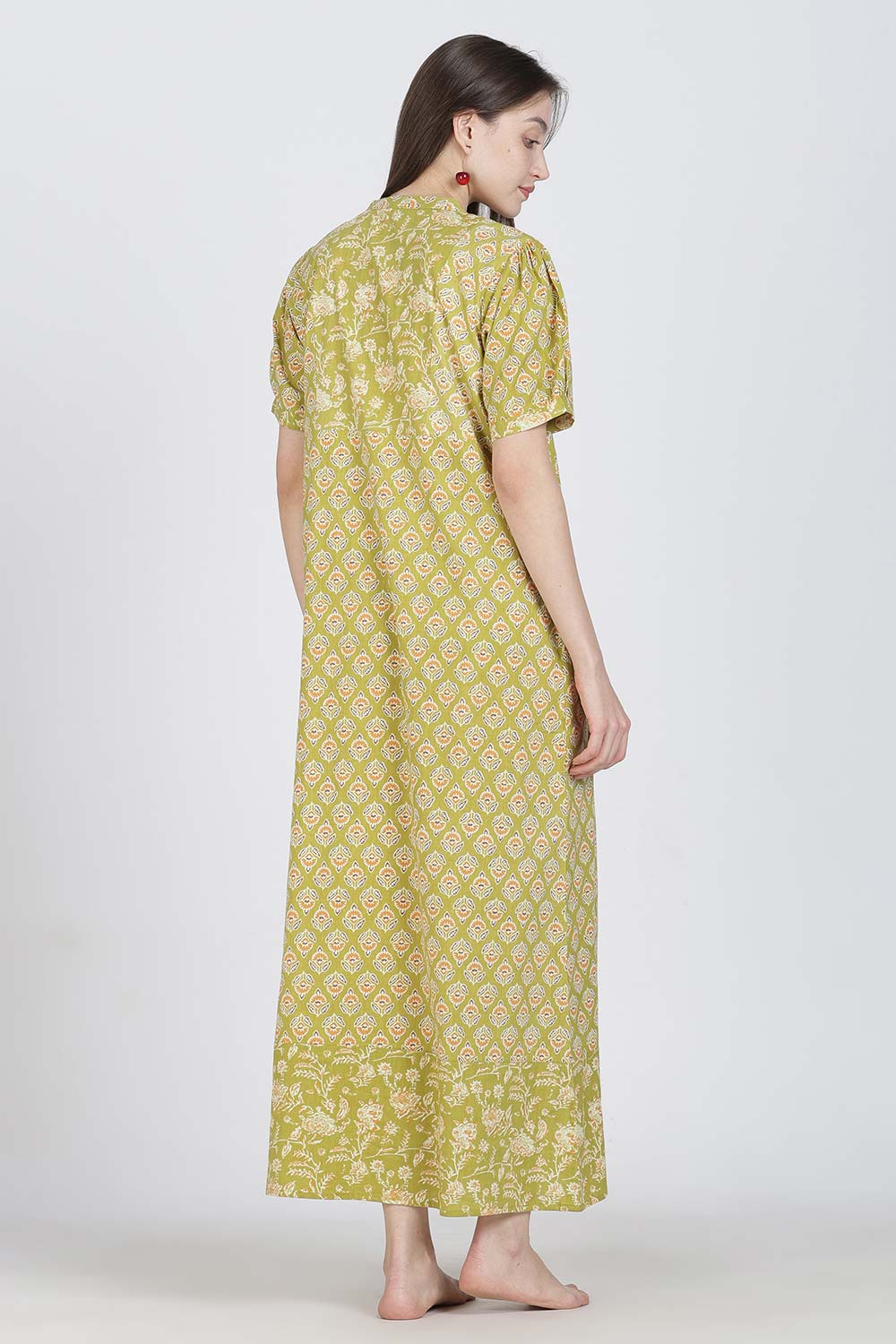 Naidu Hall Women’s Full-Length Cotton Blend Nighty | V-Neck Mandarin Collar, Puff Sleeves, Floral Print
 - NB13