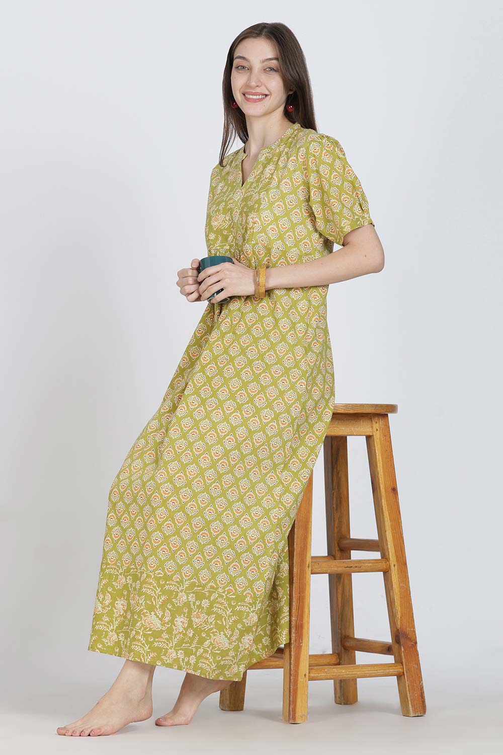 Naidu Hall Women’s Full-Length Cotton Blend Nighty | V-Neck Mandarin Collar, Puff Sleeves, Floral Print
 - NB13