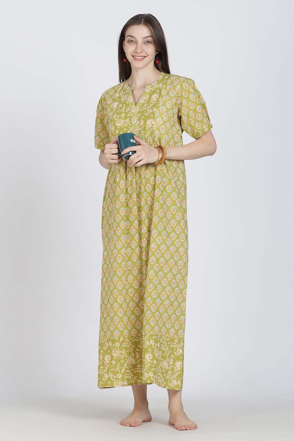 Naidu Hall Women’s Full-Length Cotton Blend Nighty | V-Neck Mandarin Collar, Puff Sleeves, Floral Print
 - NB13