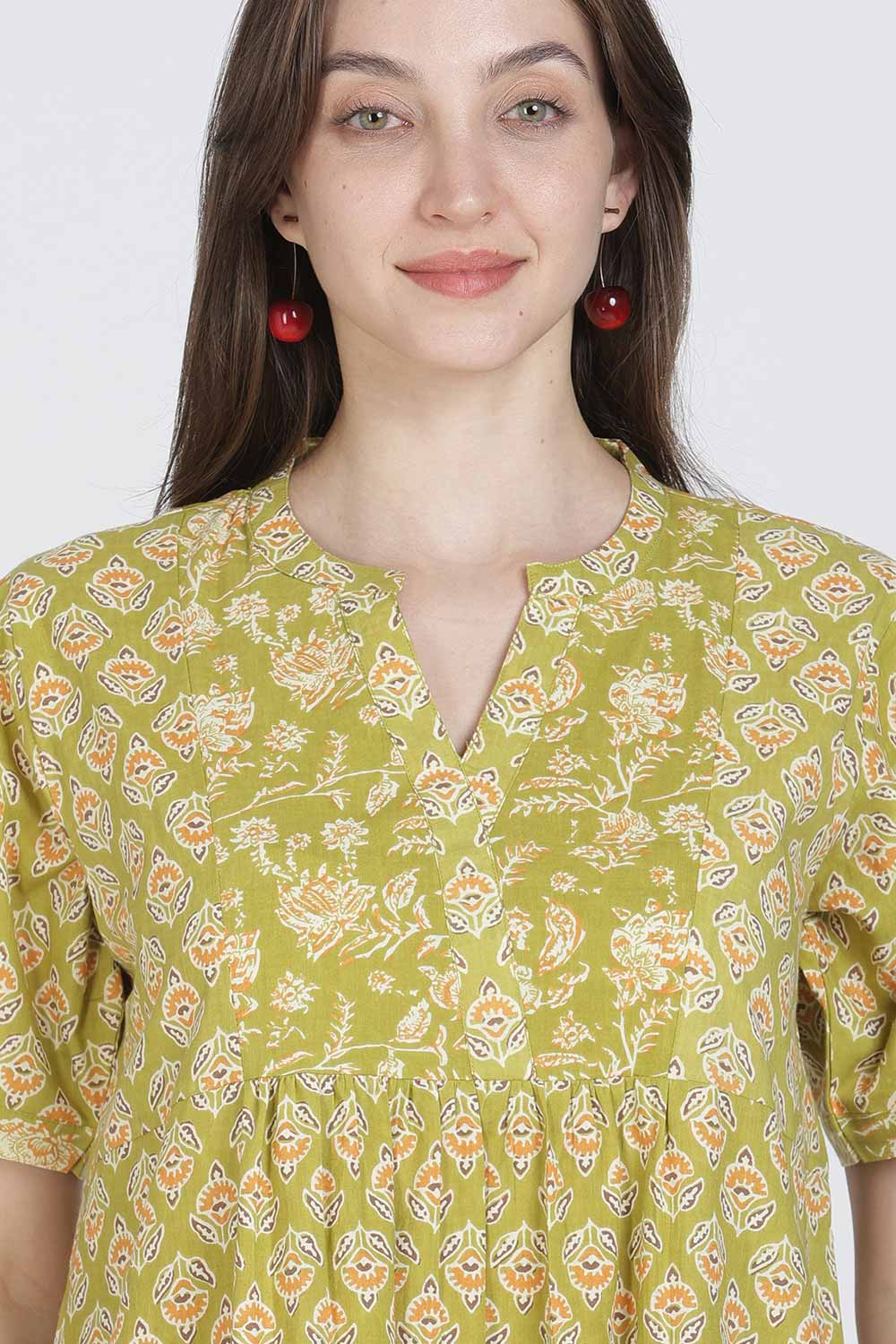 Naidu Hall Women’s Full-Length Cotton Blend Nighty | V-Neck Mandarin Collar, Puff Sleeves, Floral Print
 - NB13