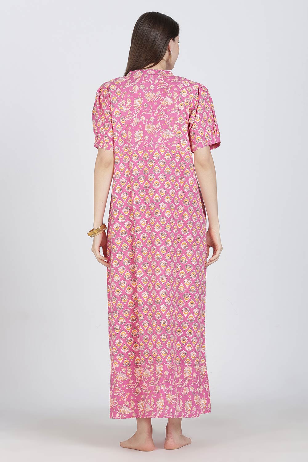 Naidu Hall Women’s Full-Length Cotton Blend Nighty | V-Neck Mandarin Collar, Puff Sleeves, Floral Print
 - NB13