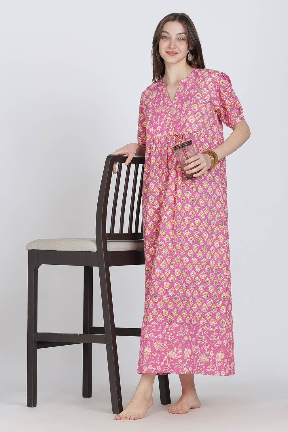 Naidu Hall Women’s Full-Length Cotton Blend Nighty | V-Neck Mandarin Collar, Puff Sleeves, Floral Print
 - NB13