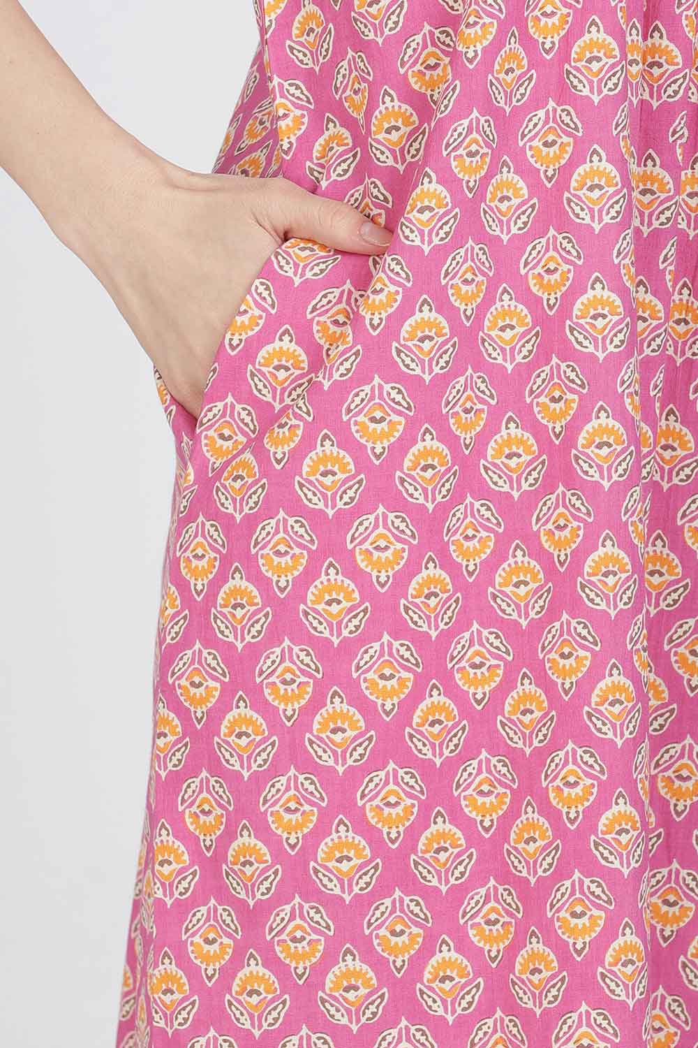 Naidu Hall Women’s Full-Length Cotton Blend Nighty | V-Neck Mandarin Collar, Puff Sleeves, Floral Print
 - NB13