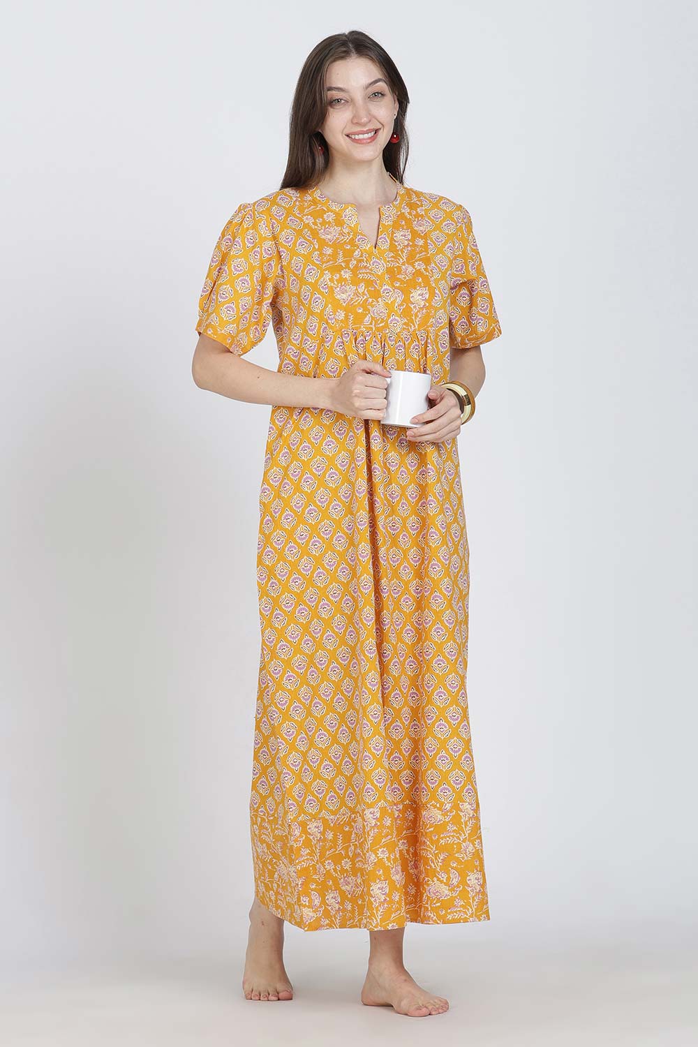 Naidu Hall Women’s Full-Length Cotton Blend Nighty | V-Neck Mandarin Collar, Puff Sleeves, Floral Print
 - NB13