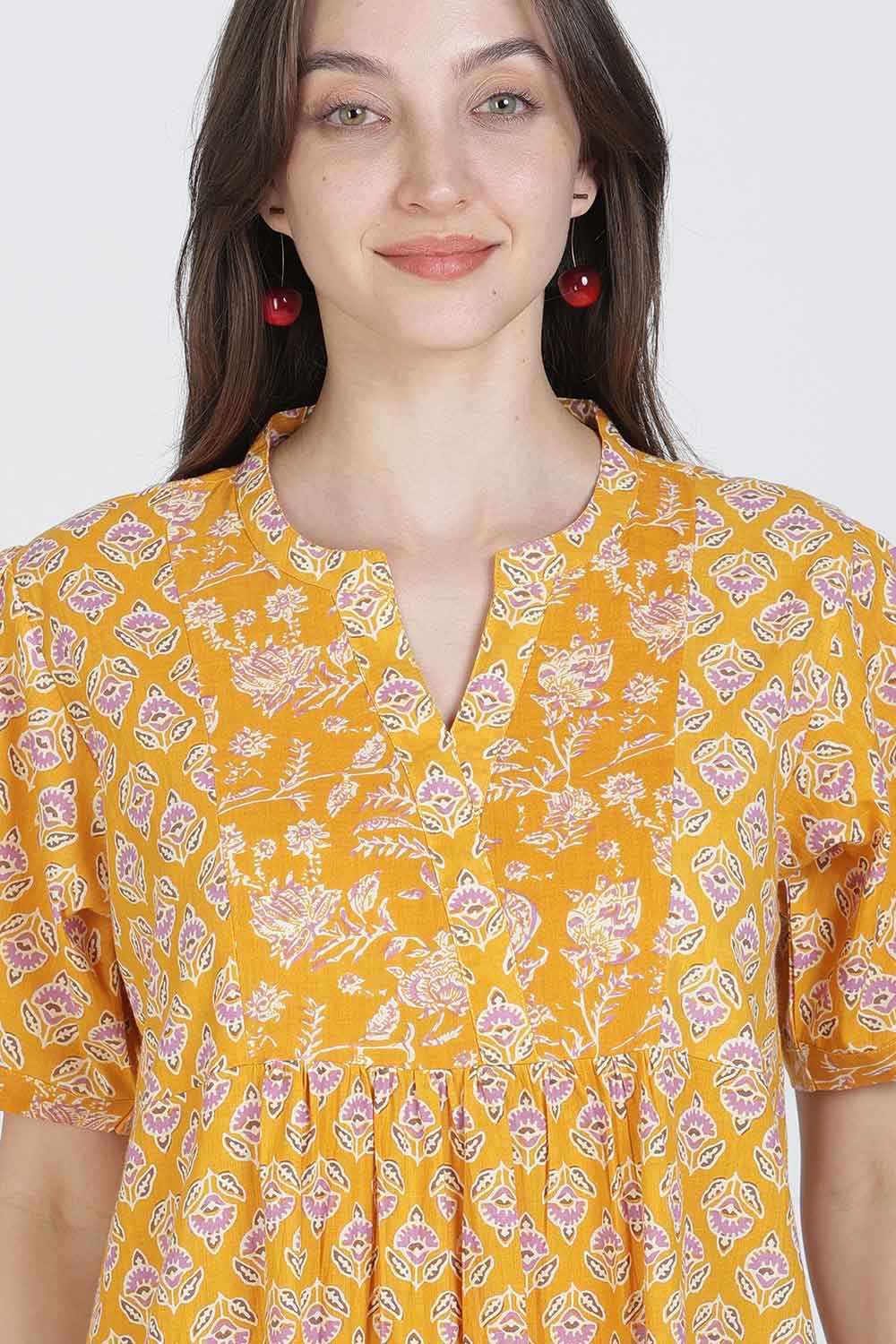 Naidu Hall Women’s Full-Length Cotton Blend Nighty | V-Neck Mandarin Collar, Puff Sleeves, Floral Print
 - NB13