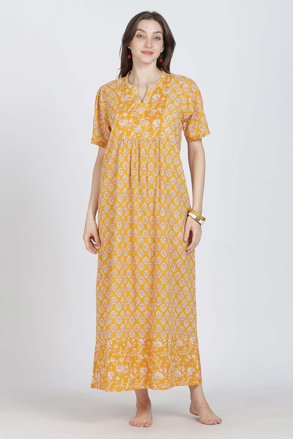 Naidu Hall Women’s Full-Length Cotton Blend Nighty | V-Neck Mandarin Collar, Puff Sleeves, Floral Print
 - NB13