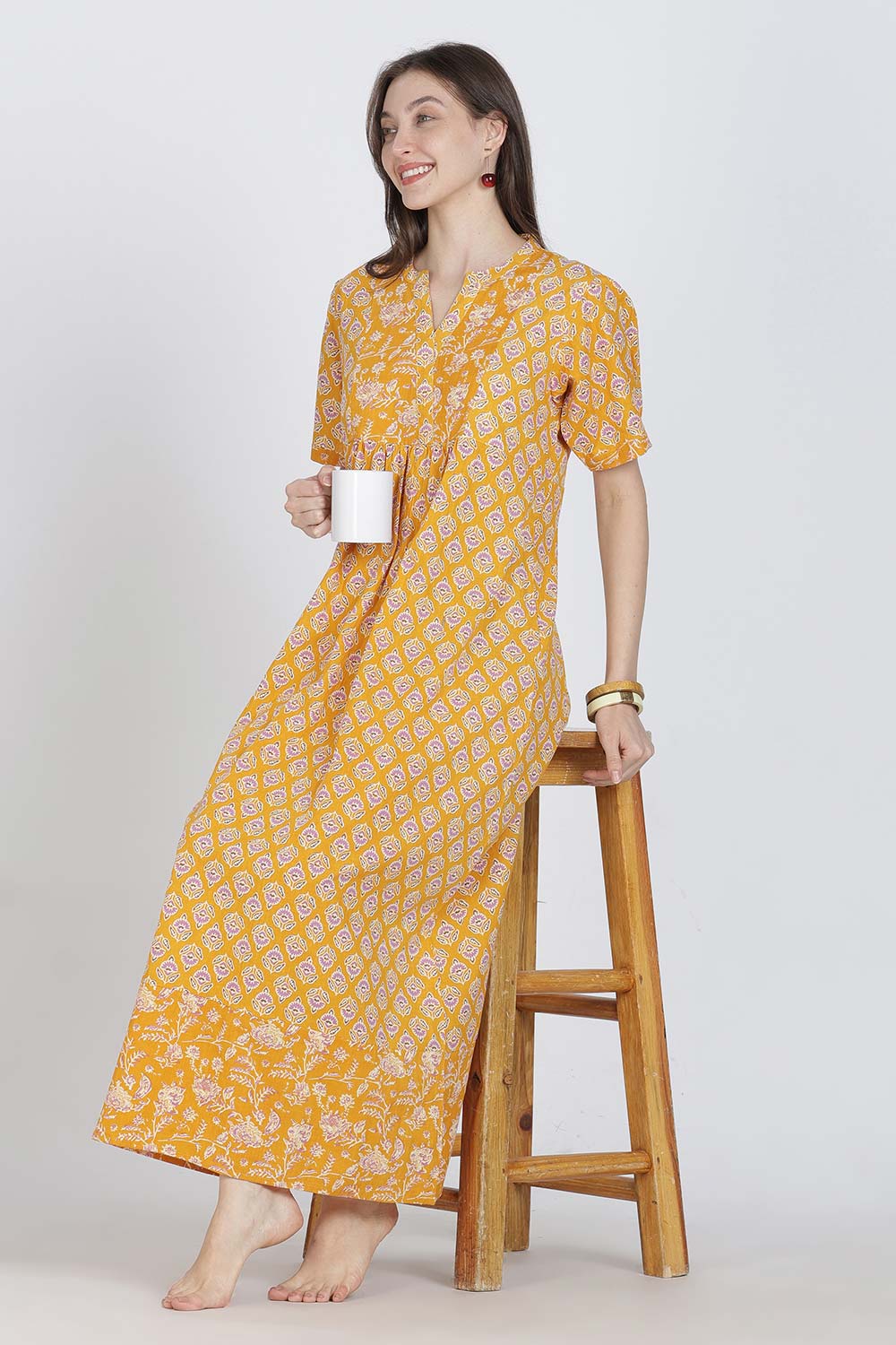 Naidu Hall Women’s Full-Length Cotton Blend Nighty | V-Neck Mandarin Collar, Puff Sleeves, Floral Print
 - NB13