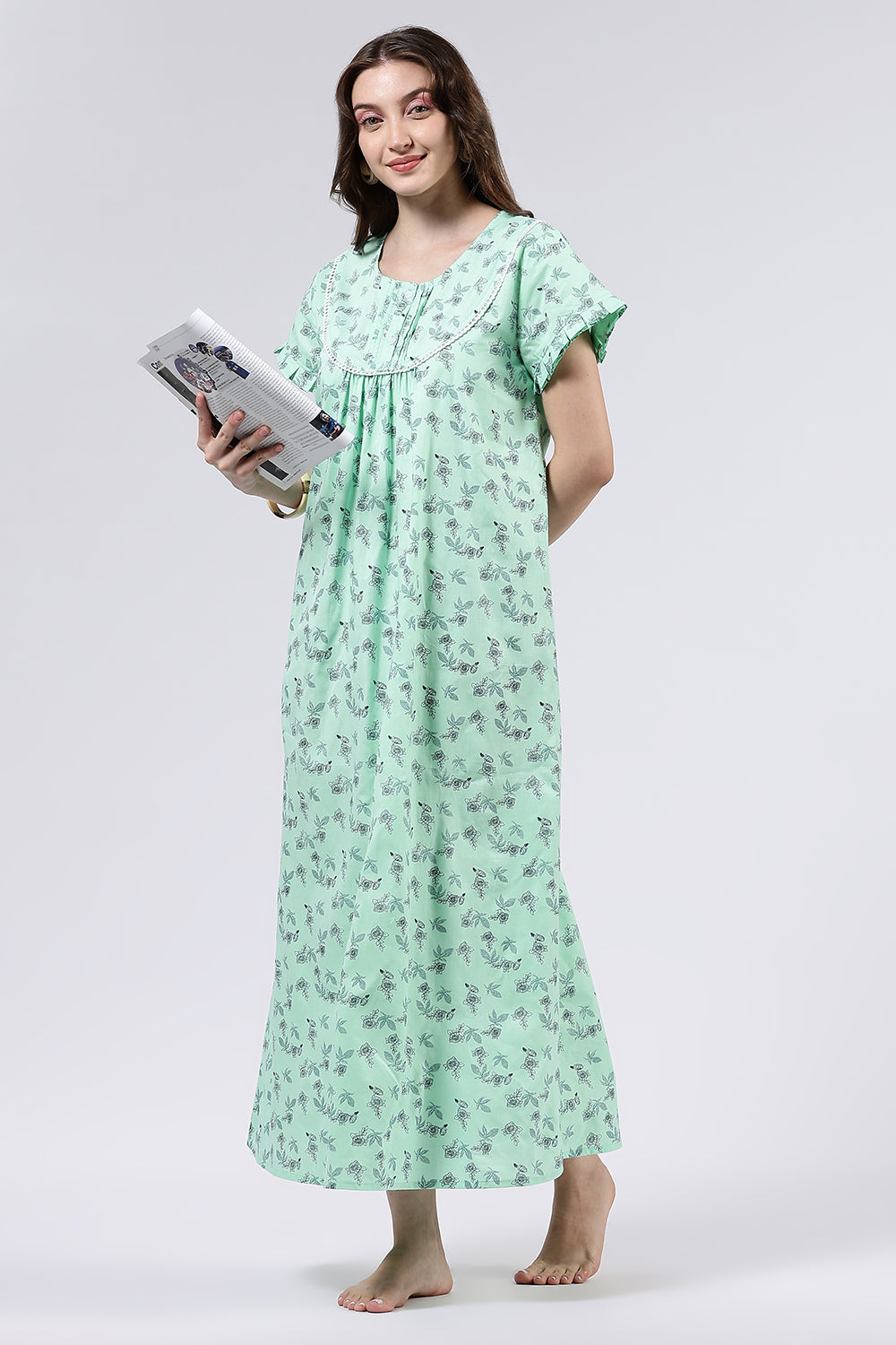 Naidu Hall Women’s Printed Cotton Full Length Nighty with Lace Detailed Yoke and Ruffle Sleeves
 - Green - NT73