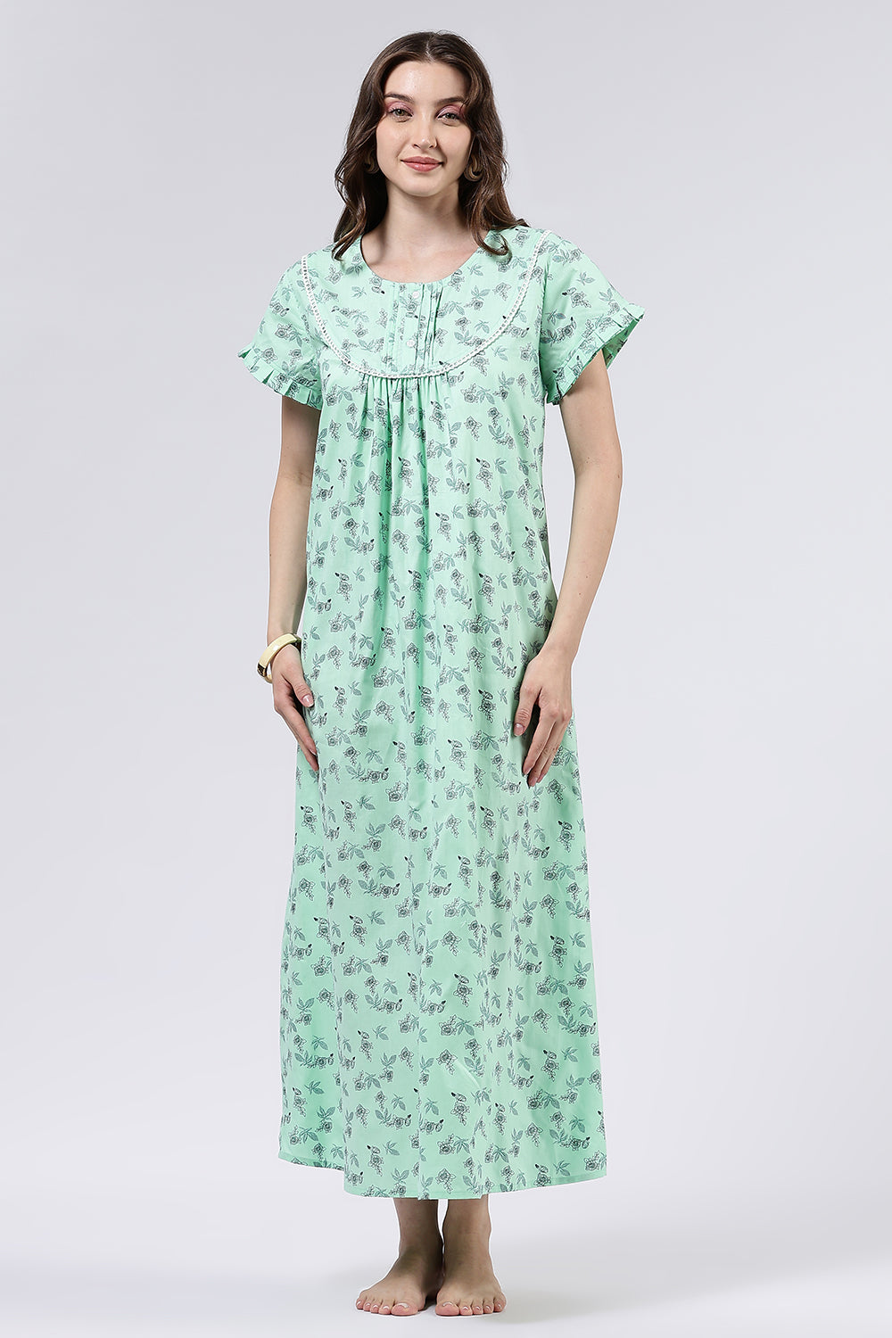 Naidu Hall Women’s Printed Cotton Full Length Nighty with Lace Detailed Yoke and Ruffle Sleeves
 - Green - NT73