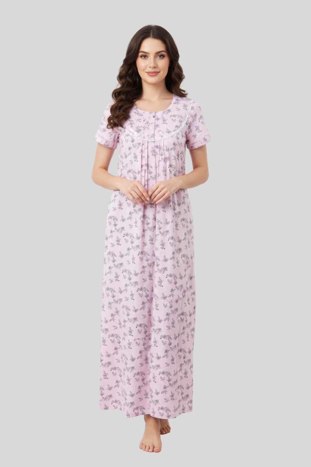Naidu Hall Women’s Printed Cotton Full Length Nighty with Lace Detailed Yoke and Ruffle Sleeves
 - Pink - NT73