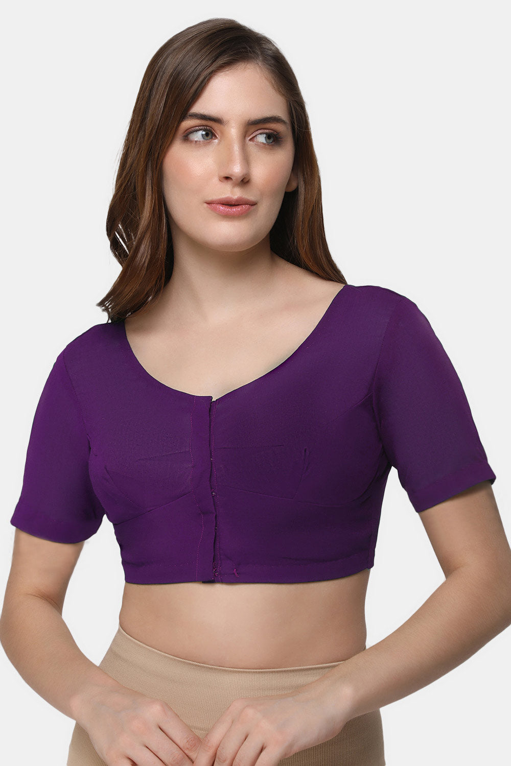 Naidu Hall Women's 2x2 Cotton Saree Blouse | Readymade Round Neck Short Sleeve Woven Cotton Blouse | Plain Traditional Blouse for Cotton, Handloom & Linen Sarees - RNRE
