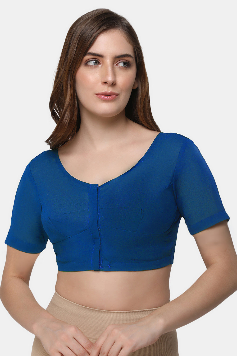 Naidu Hall Women's 2x2 Cotton Saree Blouse | Readymade Round Neck Short Sleeve Woven Cotton Blouse | Plain Traditional Blouse for Cotton, Handloom & Linen Sarees - RNRE