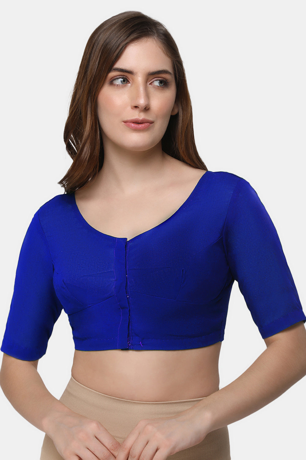 Naidu Hall Women's 2x2 Cotton Saree Blouse | Readymade Round Neck Short Sleeve Woven Cotton Blouse | Plain Traditional Blouse for Cotton, Handloom & Linen Sarees - RNRE