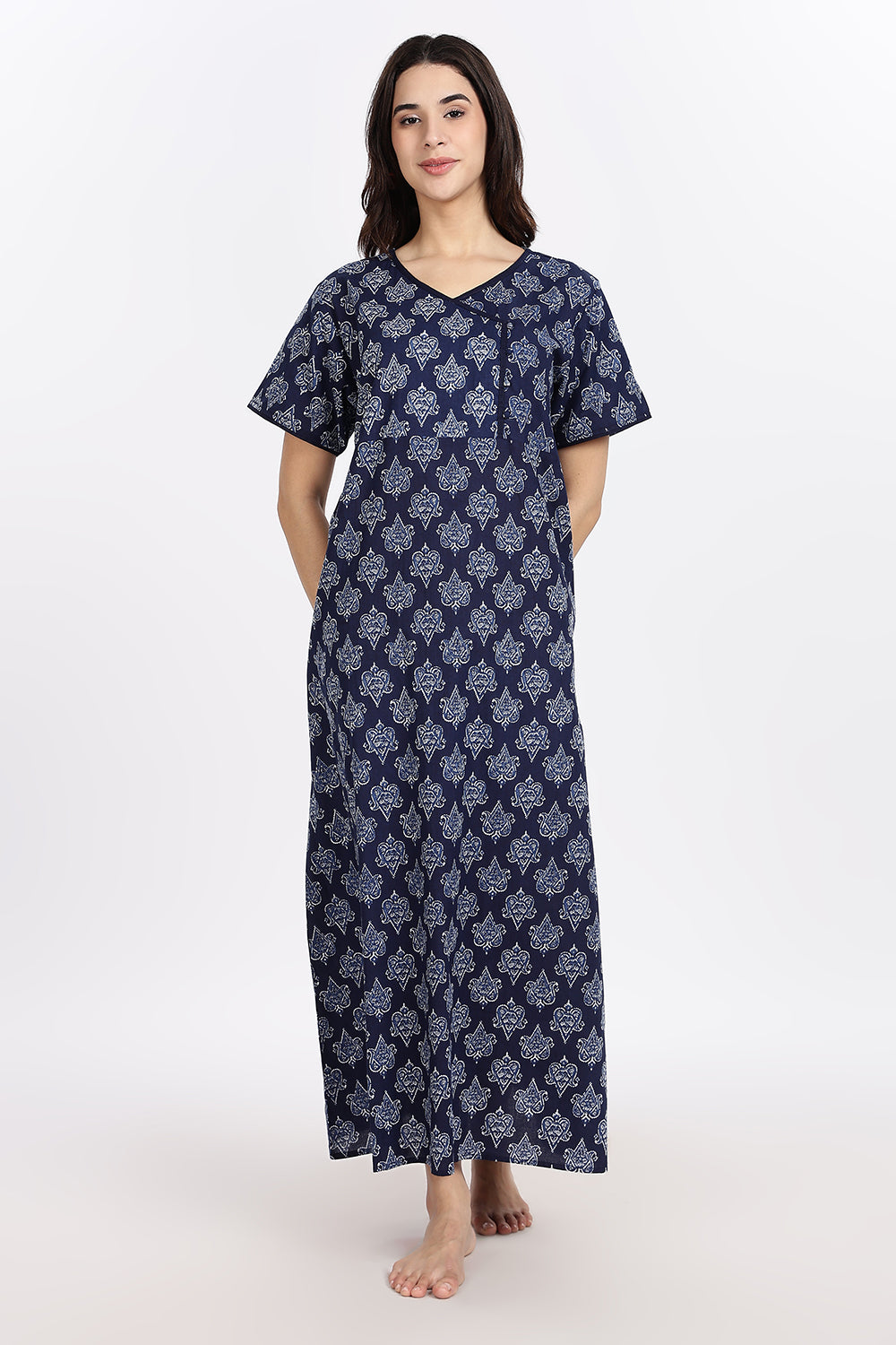 Naidu Hall Women’s A-Line Indigo Abstract Printed Cotton-Blend Nighty | Stylised V-Neck, Overlapped Panel, Short Sleeves - NA91