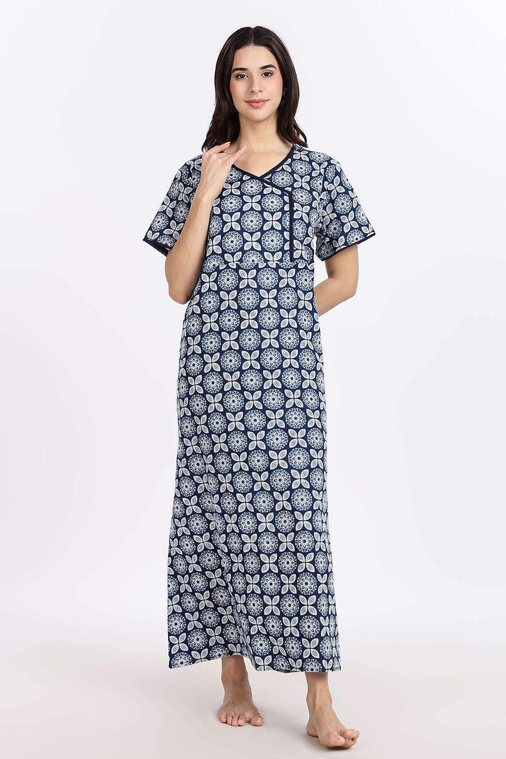 Naidu Hall Women’s A-Line Indigo Abstract Printed Cotton-Blend Nighty | Stylised V-Neck, Overlapped Panel, Short Sleeves
 - NA93