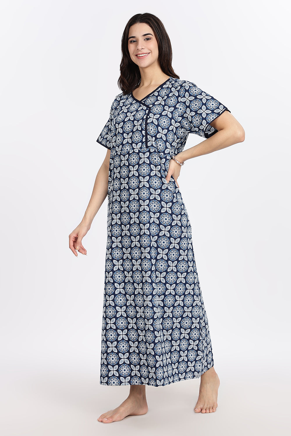 Naidu Hall Women’s A-Line Indigo Abstract Printed Cotton-Blend Nighty | Stylised V-Neck, Overlapped Panel, Short Sleeves
 - NA93
