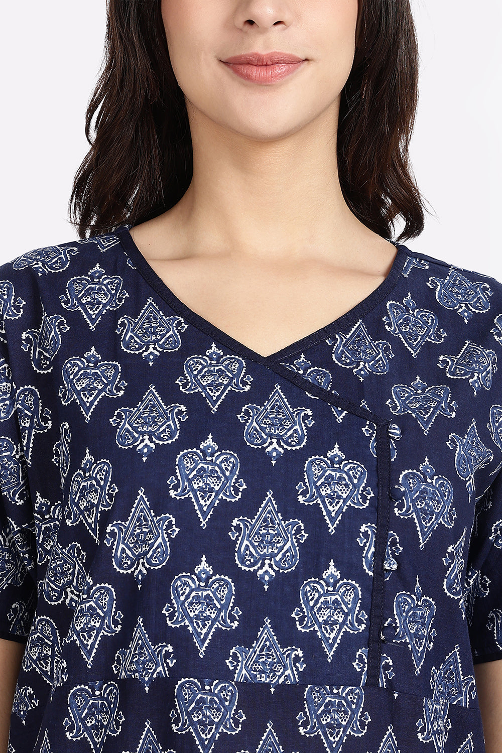 Naidu Hall Women’s A-Line Indigo Abstract Printed Cotton-Blend Nighty | Stylised V-Neck, Overlapped Panel, Short Sleeves - NA91