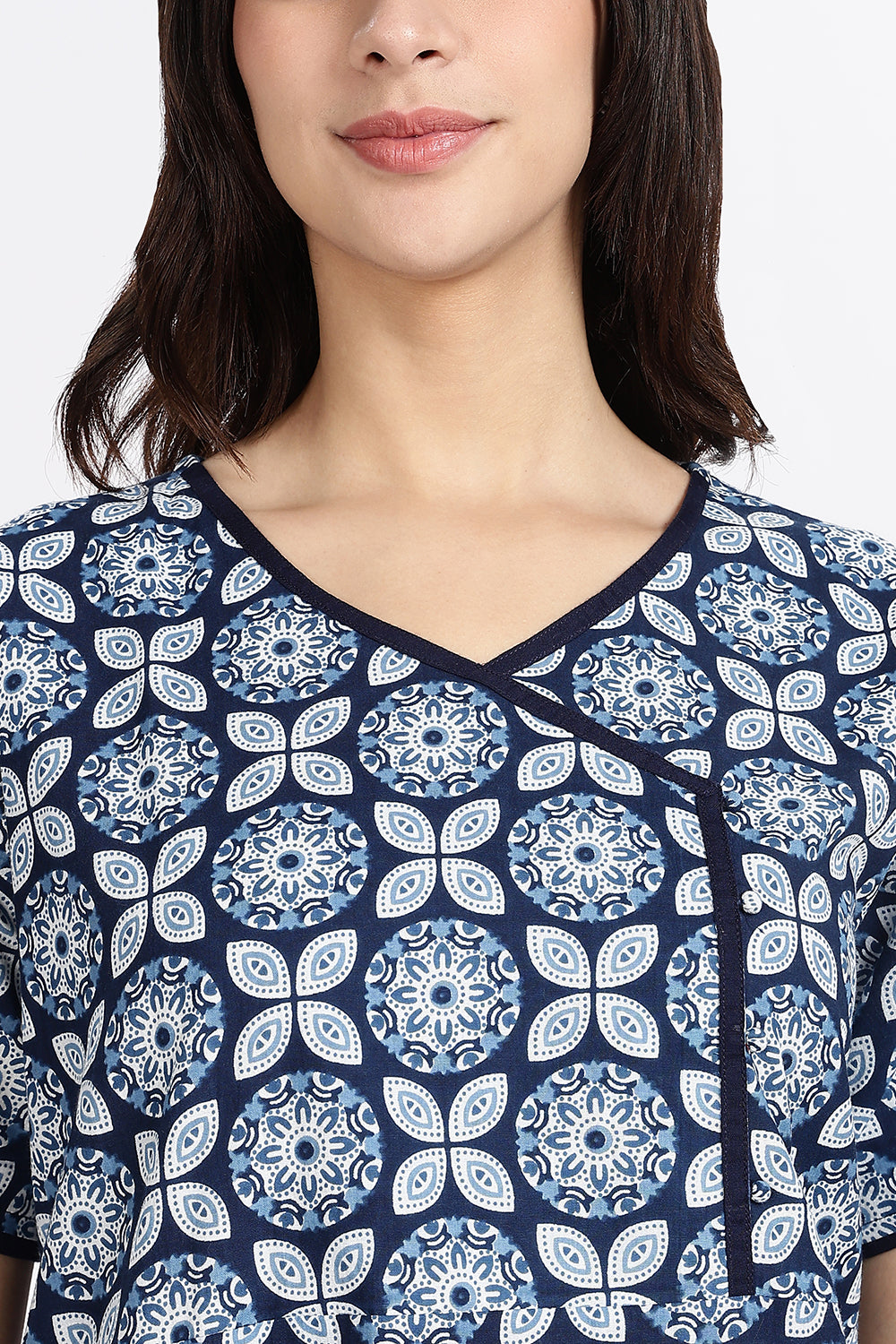 Naidu Hall Women’s A-Line Indigo Abstract Printed Cotton-Blend Nighty | Stylised V-Neck, Overlapped Panel, Short Sleeves
 - NA93