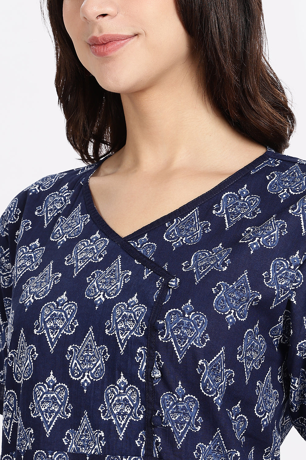 Naidu Hall Women’s A-Line Indigo Abstract Printed Cotton-Blend Nighty | Stylised V-Neck, Overlapped Panel, Short Sleeves - NA91