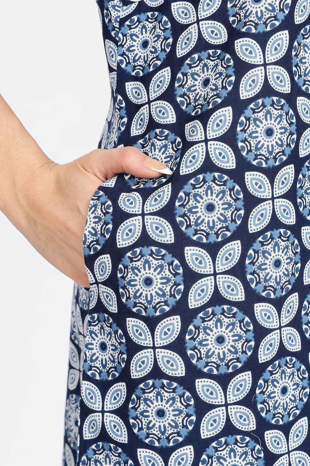 Naidu Hall Women’s A-Line Indigo Abstract Printed Cotton-Blend Nighty | Stylised V-Neck, Overlapped Panel, Short Sleeves
 - NA93