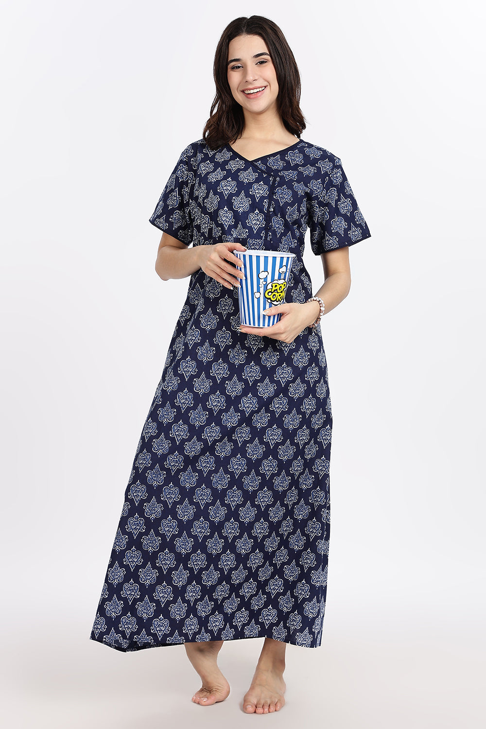 Naidu Hall Women’s A-Line Indigo Abstract Printed Cotton-Blend Nighty | Stylised V-Neck, Overlapped Panel, Short Sleeves - NA91