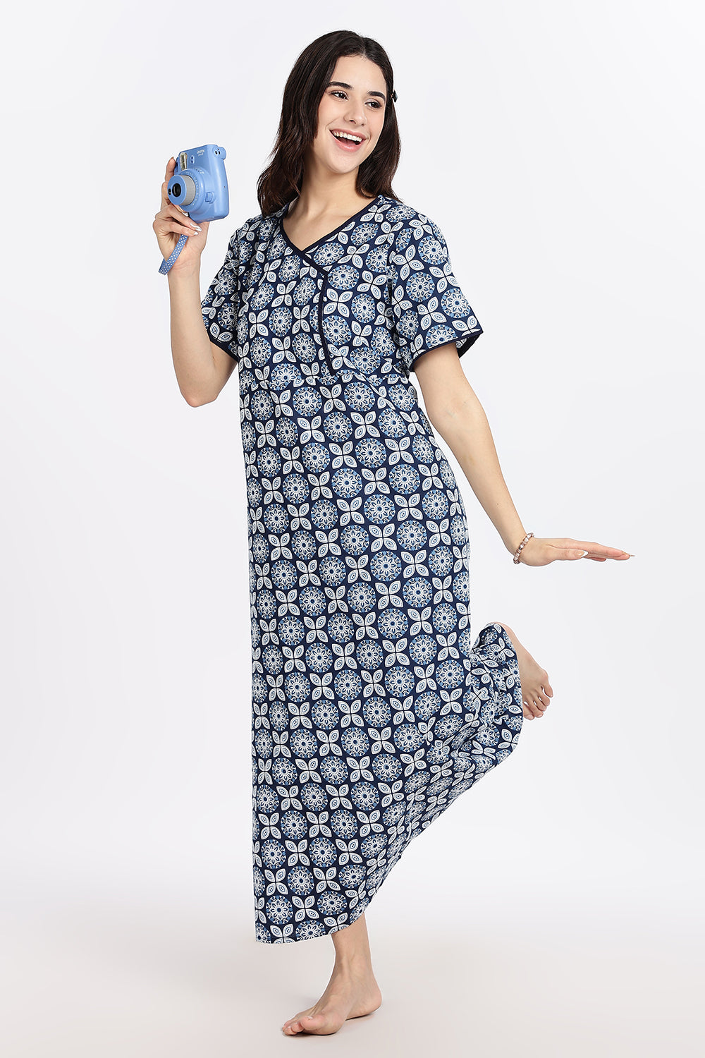 Naidu Hall Women’s A-Line Indigo Abstract Printed Cotton-Blend Nighty | Stylised V-Neck, Overlapped Panel, Short Sleeves
 - NA93