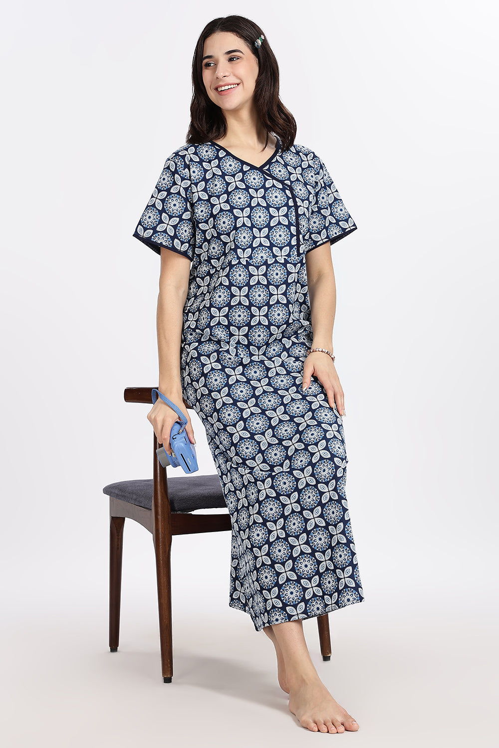 Naidu Hall Women’s A-Line Indigo Abstract Printed Cotton-Blend Nighty | Stylised V-Neck, Overlapped Panel, Short Sleeves
 - NA93