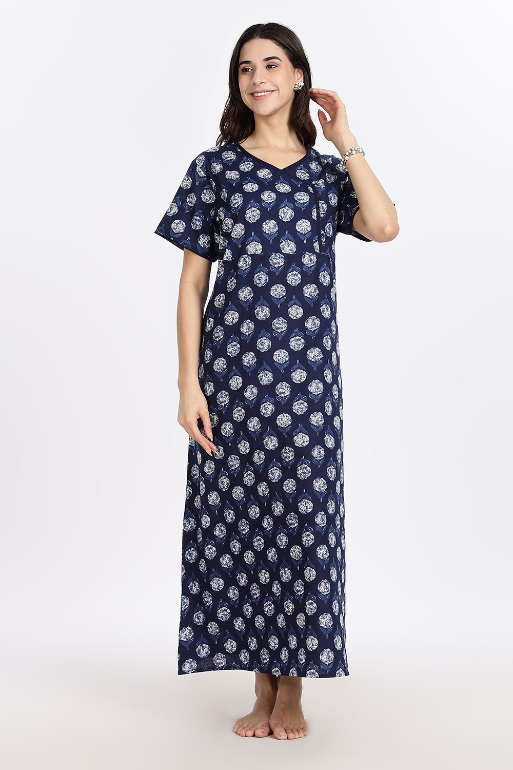 Naidu Hall Women’s A-Line Indigo Abstract Printed Cotton-Blend Nighty | Stylised V-Neck, Overlapped Panel, Short Sleeves - NA92