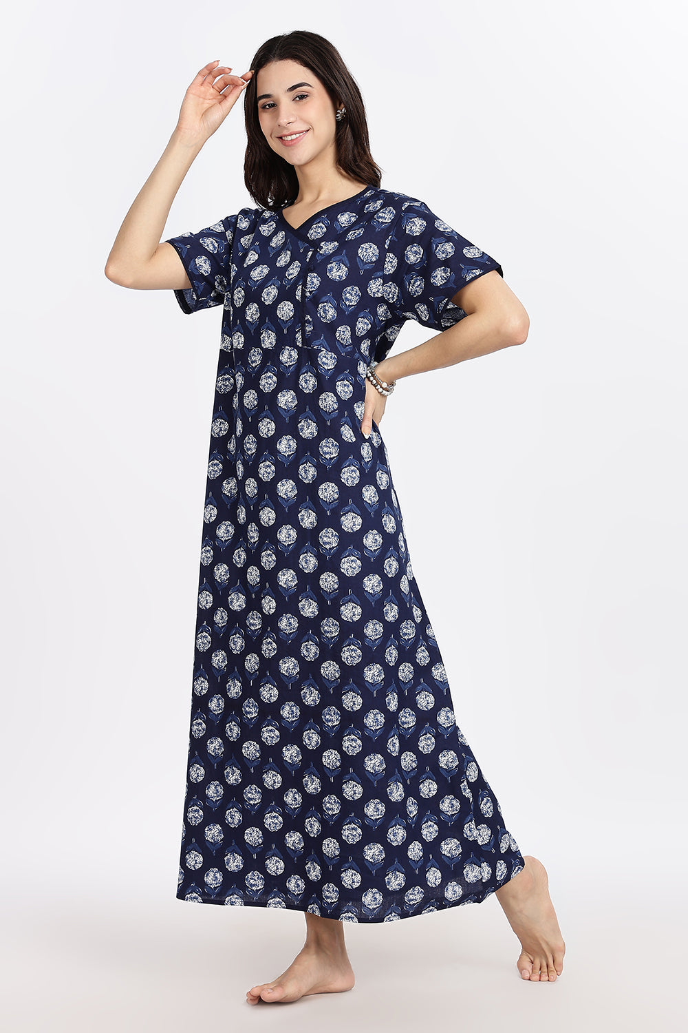 Naidu Hall Women’s A-Line Indigo Abstract Printed Cotton-Blend Nighty | Stylised V-Neck, Overlapped Panel, Short Sleeves - NA92