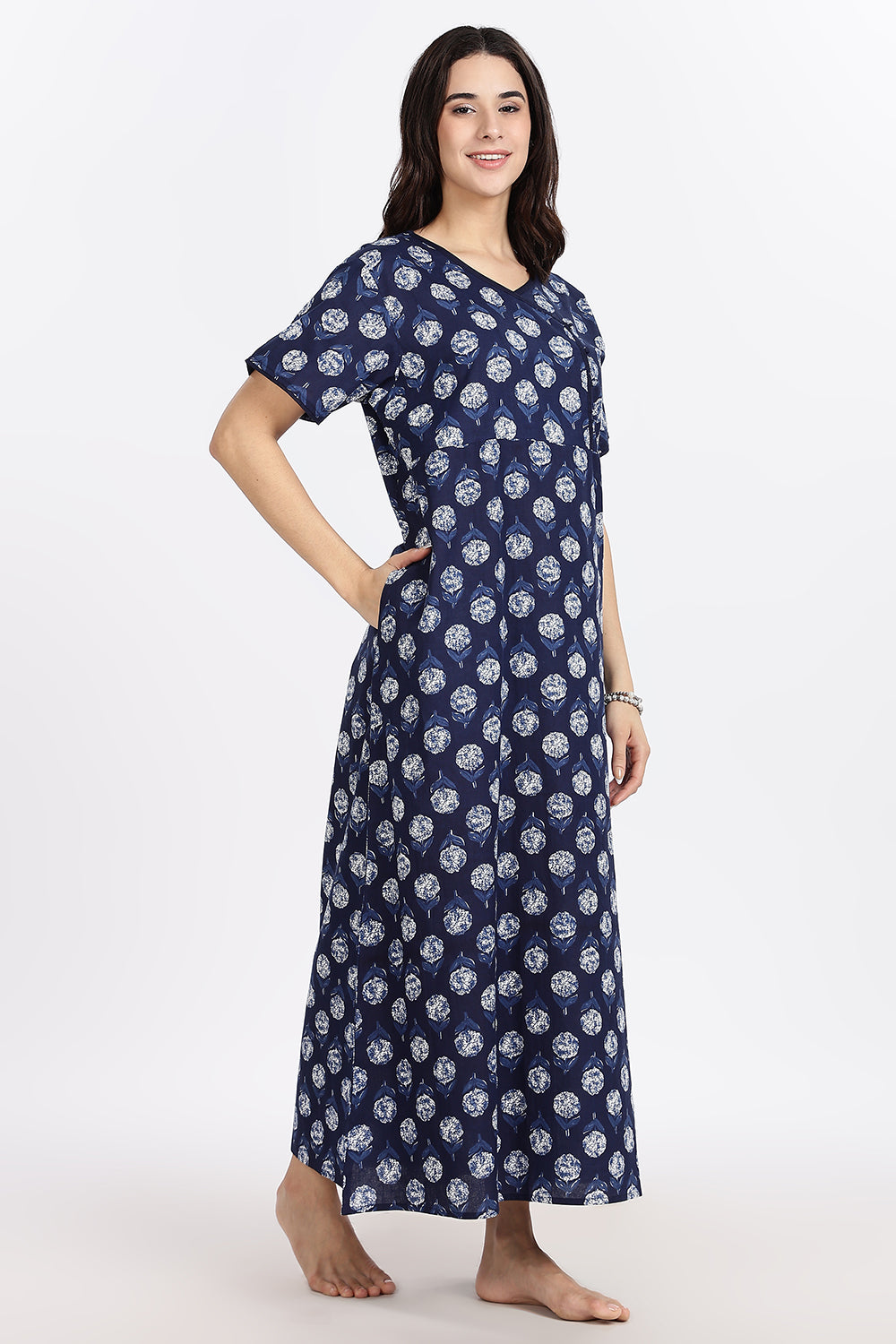 Naidu Hall Women’s A-Line Indigo Abstract Printed Cotton-Blend Nighty | Stylised V-Neck, Overlapped Panel, Short Sleeves - NA92