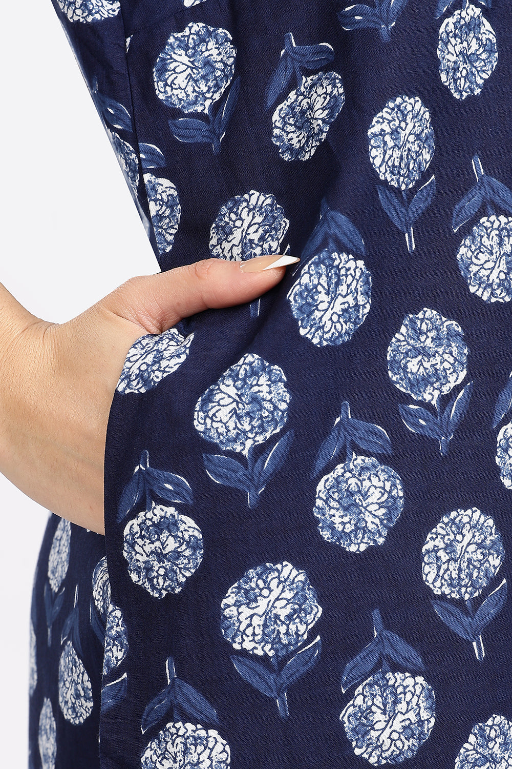 Naidu Hall Women’s A-Line Indigo Abstract Printed Cotton-Blend Nighty | Stylised V-Neck, Overlapped Panel, Short Sleeves - NA92