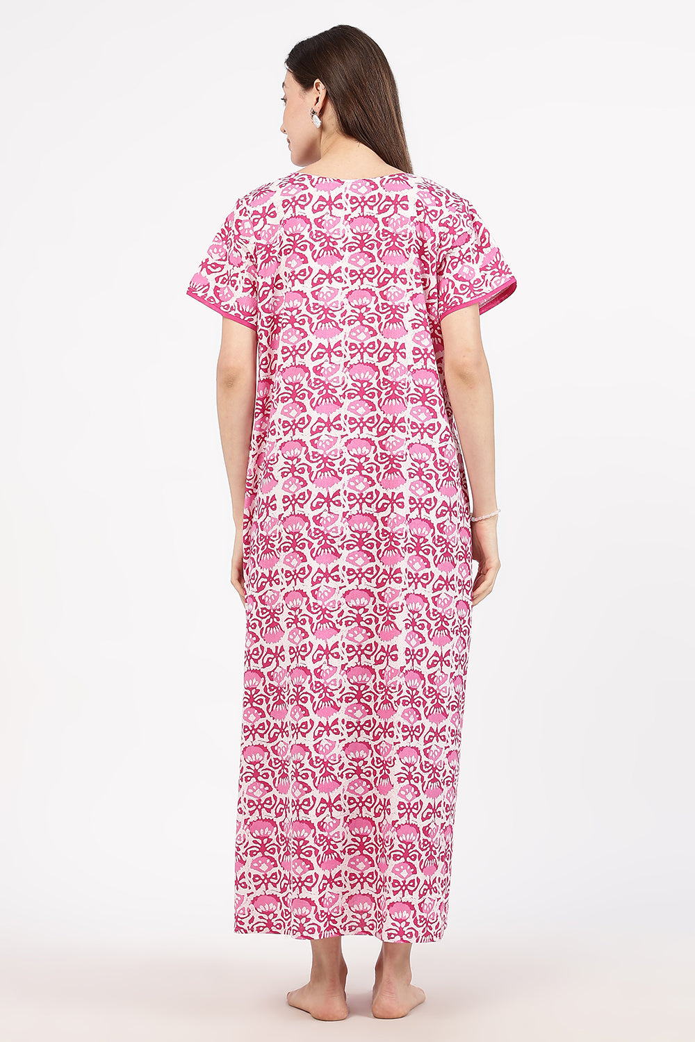 Naidu Hall Women’s A-Line Printed Cotton-Blend Nighty | Stylised V-Neck, Overlapped Panel, Short Sleeves
 - NA90