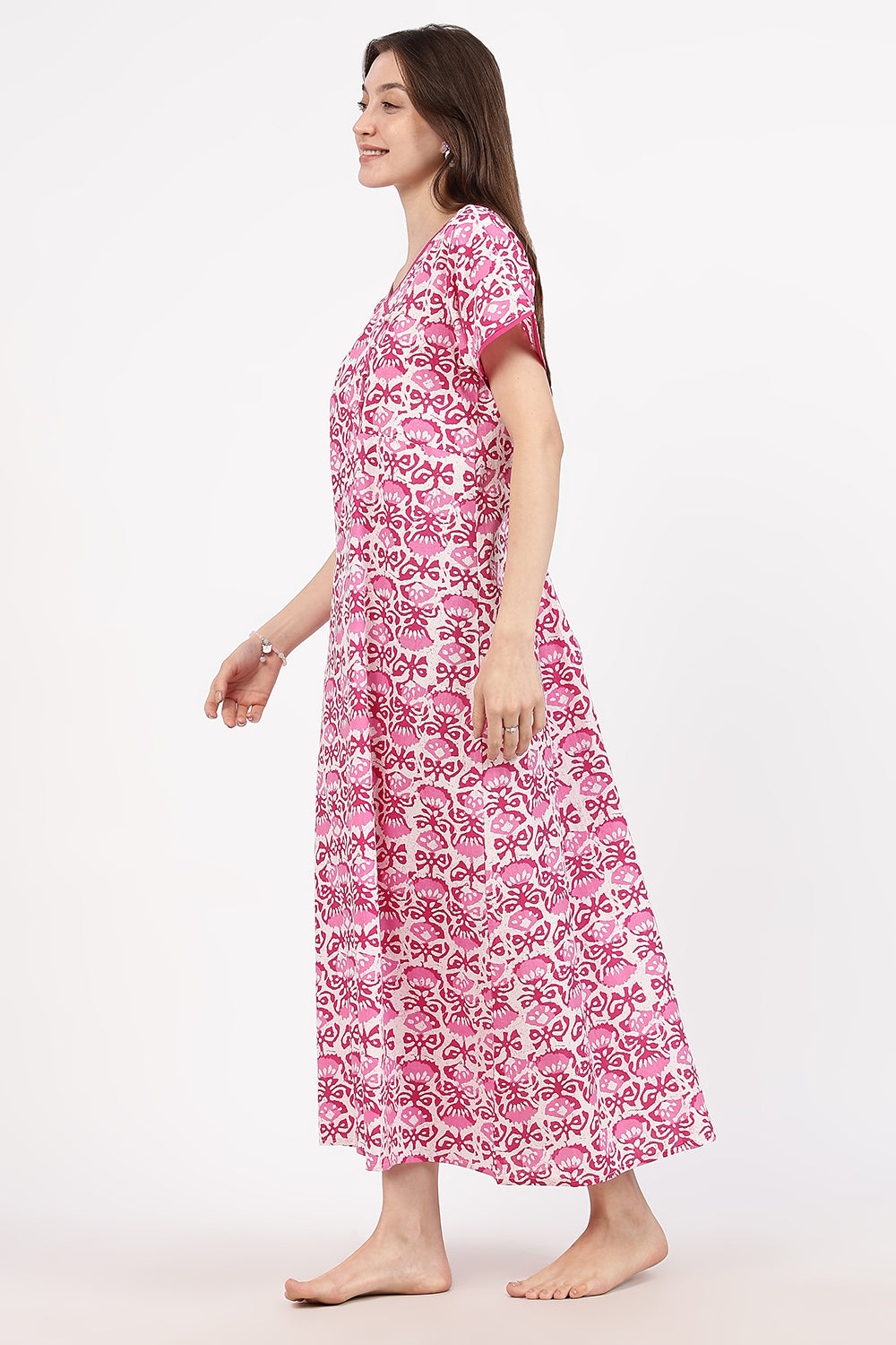 Naidu Hall Women’s A-Line Printed Cotton-Blend Nighty | Stylised V-Neck, Overlapped Panel, Short Sleeves
 - NA90